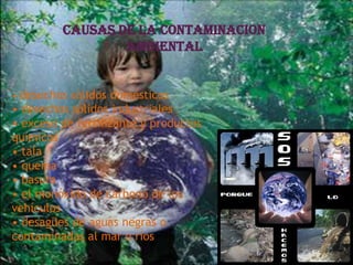 CAUSAS DE LA CONTAMINACION
                 AMBIENTAL


• desechos sólidos domésticos
• desechos sólidos industriales
• exceso de fertilizante y productos
químicos
• tala
• quema
• basura
• el monóxido de carbono de los
vehículos
• desagües de aguas negras o
contaminadas al mar o ríos
 