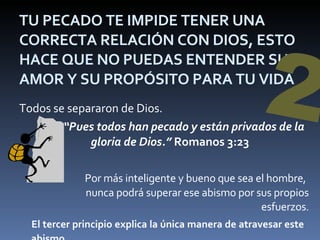 TU PECADO TE IMPIDE TENER UNA CORRECTA RELACIÓN CON DIOS, ESTO HACE QUE NO PUEDAS ENTENDER SU AMOR Y SU PROPÓSITO PARA TU VIDA  Todos se separaron de Dios.   “ Pues todos han pecado y están privados de la gloria de Dios.”  Romanos 3:23 Por más inteligente y bueno que sea el hombre,  nunca podrá superar ese abismo por sus propios esfuerzos . El tercer principio explica la única manera de atravesar este  abismo. 2 