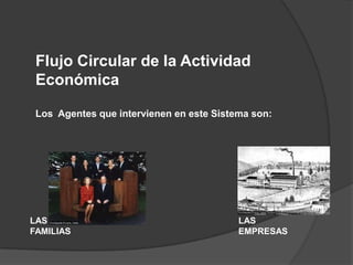 Flujo Circular de la Actividad
 Económica

 Los Agentes que intervienen en este Sistema son:




LAS                                       LAS
FAMILIAS                                  EMPRESAS
 