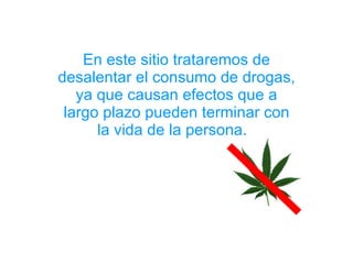 En este sitio trataremos de desalentar el consumo de drogas, ya que causan efectos que a largo plazo pueden terminar con la vida de la persona.