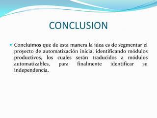 CONCLUSION
 Concluimos que de esta manera la idea es de segmentar el
 proyecto de automatización inicia, identificando módulos
 productivos, los cuales serán traducidos a módulos
 automatizables,  para     finalmente      identificar su
 independencia.
 