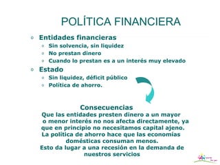 POLÍTICA FINANCIERA
o   Entidades financieras
    o   Sin solvencia, sin liquidez
    o   No prestan dinero
    o   Cuando lo prestan es a un interés muy elevado
o   Estado
    o   Sin liquidez, déficit público
    o   Política de ahorro.



                   Consecuencias
    Que las entidades presten dinero a un mayor
     o menor interés no nos afecta directamente, ya
    que en principio no necesitamos capital ajeno.
    La política de ahorro hace que las economías
             domésticas consuman menos.
    Esto da lugar a una recesión en la demanda de
                   nuestros servicios
 