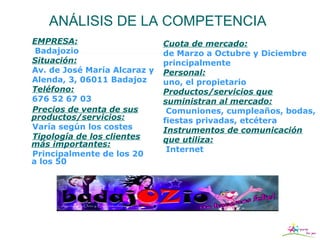 ANÁLISIS DE LA COMPETENCIA
EMPRESA:                      Cuota de mercado:
 Badajozio                    de Marzo a Octubre y Diciembre
Situación:                    principalmente
Av. de José María Alcaraz y   Personal:
Alenda, 3, 06011 Badajoz      uno, el propietario
Teléfono:                     Productos/servicios que
676 52 67 03                  suministran al mercado:
Precios de venta de sus        Comuniones, cumpleaños, bodas,
productos/servicios:          fiestas privadas, etcétera
Varía según los costes        Instrumentos de comunicación
Tipología de los clientes     que utiliza:
más importantes:
                               Internet
Principalmente de los 20
a los 50
 