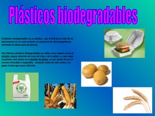 El plástico biodegradable, es un plástico , que al final de su vida útil se
descompone en un corto período, en presencia de microorganismos,
sirviendo de abono para las plantas.


Para fabricar plásticos biodegradables se utiliza como materia prima el
almidón natural obtenido del maíz del trigo o de la patata .La que mejor
resultados está dando es el almidón de patata, ya que aparte de ser un
recurso renovable e inagotable,  presenta ciclos de vida cortos y no
gasta mucha agua para cultivarlo.
 