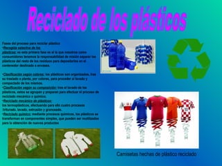 Fases del proceso para reciclar plástico
•Recogida selectiva de los
plásticos: es esta primera fase es el la que nosotros como
consumidores tenemos la responsabilidad de misión separar los
plásticos del resto de los residuos para depositarlos en el
contenedor destinado a envases.

•Clasificación según colores: los plásticos son organizados, tras
su traslado a planta, por colores, para proceder al lavado y
compactado de los mismos. 
•Clasificación según su composición: tras el lavado de los
plásticos, estos se agrupan y preparan para efectuar el proceso de
reciclado mecánico o químico.
•Reciclado mecánico de plásticos:
los termoplásticos, efectuando para ello cuatro procesos
:triturado, lavado, extrusión y granceado.
•Reciclado químico: mediante procesos químicos, los plásticos se
transforman en componentes simples, que pueden ser reutilizados
para la obtención de nuevos productos




                                                                     Camisetas hechas de plástico reciclado
 