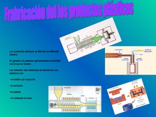 Los productos plásticos se fabrican de diferente
manera.

En general, se preparan aprovechando la facilidad
con la que se funden .

Los métodos más habituales de fabricación con
plásticos son:

• el moldeo por inyección

• la extrusión

•el soplado

• el moldeado al vacío.
 