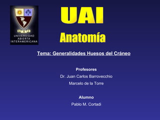 UAI Anatomía Tema: Generalidades Huesos del Cráneo Profesores Dr. Juan Carlos Barrovecchio Marcelo de la Torre Alumno Pablo M. Cortadi 