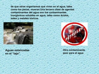 de que otros organismos que viven en el agua, tales como los peces, mueran.Una tercera clase de agentes contaminantes del agua son los contaminantes inorgánicos solubles en agua, tales como ácidos, sales y metales tóxicos.   Aguas estancadas en el “tajo” Otro contaminante peor para el agua   