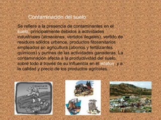 Contaminación del suelo   Se refiere a la presencia de contaminantes en el  suelo,  principalmente debidos a actividades industriales (almacenes, vertidos ilegales), vertido de residuos sólidos urbanos, productos fitosanitarios empleados en agricultura (abonos y fertilizantes químicos) y purines de las actividades ganaderas. La contaminación afecta a la productividad del suelo, sobre todo a través de su influencia en el  edafon , y a la calidad y precio de los productos agrícolas. 