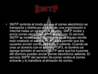 SMTP controla el modo en que el correo electrónico se transporta y distribuye a través de una organización o Internet hasta un servidor de destino. SMTP recibe y envía correo electrónico entre servidores. El servicio SMTP se instala automáticamente en el equipo donde está instalado el servicio POP3 para permitir que los usuarios envíen correo electrónico saliente. Cuando se crea un dominio con el servicio POP3, el dominio se agrega también al servicio SMTP para que los buzones del dominio puedan enviar correo electrónico saliente. El servicio SMTP del servidor de correo recibe el correo entrante y lo transfiere al almacén de correo. SMTP 