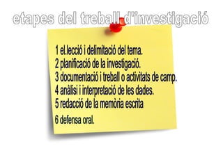 etapes del treball d'investigació 1 el.lecció i delimitació del tema. 2 planificació de la investigació. 3 documentació i treball o activitats de camp. 4 anàlisi i interpretació de les dades. 5 redacció de la memòria escrita 6 defensa oral. 