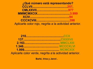 ¿Qué número está representando? CCLVII.......................................... 257 . CMLXXVII...................................... 977 MMMCMXCIX....................................... 3.999 XCIV............................................... 94 CCCXCVIII........................................ 398 Aplicarle color rojo, negrita a la actividad anterior. 210............................................. CCX 137............................................. CXXXVII 2.163..........................................  MMCLXIII 1.346..........................................  MCCCXLVI 1.999..........................................  MCMCXIX Aplicarle color verde, negrita a la actividad anterior. Barbi, Irina y Jenni .   
