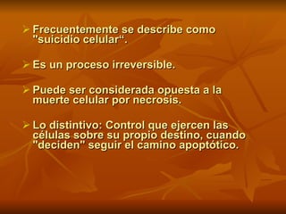 F recuentemente se describ e  como "suicidio celular“ . E s un proceso irreversible.  P uede ser considerada opuesta a la muerte celular por necrosis . L o distintivo : C ontrol que ejercen las células sobre su propio destino, cuando "deciden" seguir el camino apoptótico.   
