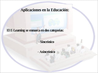Aplicaciones en la Educación: El E-Learning se enmarca en dos categorías: - Sincrónico - Asincrónico 