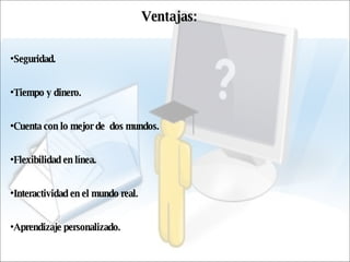 Ventajas: Seguridad. Tiempo y dinero.  Cuenta con lo mejor de  dos mundos. Flexibilidad en línea. Interactividad en el mundo real. Aprendizaje personalizado.  