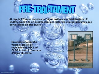 Al cap de 22 hores de baixada l'aigua arriba a la potabilitzadora.   El CLOR ( líquid ) és un desinfectant per matar els microorganismes que porta l'aigua en dissolució.  PRE-TRACTAMENT En aquesta fotografia veiem el taulell de regulació del PAX i del CLOR i control d'entrada d'aigua al recinte.  
