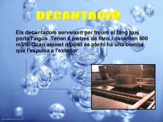 Els decantadors serveixen per treure el fang que porta l'aigua. Tenen 6 metres de fons i decanten 600 m3/h. Quan aquest dipòsit és ple hi ha una bomba que l'expulsa a l'exterior.  DECANTACIÓ 