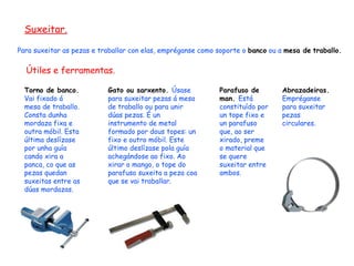 Suxeitar. Para suxeitar as pezas e traballar con elas, empréganse como soporte o  banco  ou a  mesa de   traballo. Útiles e ferramentas. Torno de banco.  Vai fixado á mesa de traballo. Consta dunha mordaza fixa e outra móbil. Esta última deslízase por unha guía cando xira a panca, co que as pezas quedan suxeitas entre as dúas mordazas. Gato ou sarxento.  Úsase para suxeitar pezas á mesa de traballo ou para unir dúas pezas. É un instrumento de metal formado por dous topes: un fixo e outro móbil. Este último deslízase pola guía achegándose ao fixo. Ao xirar o mango, o tope do parafuso suxeita a peza coa que se vai traballar.  Parafuso de man.  Está constituído por un tope fixo e un parafuso que, ao ser xirado, preme o material que se quere suxeitar entre ambos. Abrazadeiras.  Empréganse para suxeitar pezas circulares. 