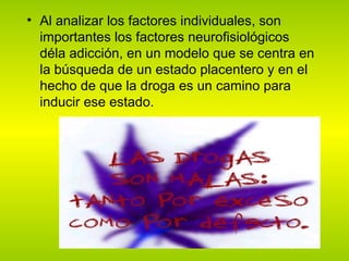 Al analizar los factores individuales, son importantes los factores neurofisiológicos déla adicción, en un modelo que se centra en la búsqueda de un estado placentero y en el hecho de que la droga es un camino para inducir ese estado.  
