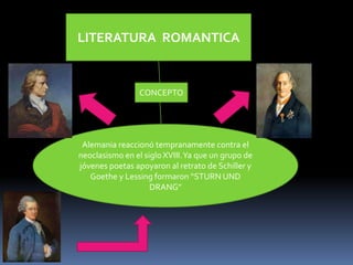 LITERATURA ROMANTICA


                 CONCEPTO




 Alemania reaccionó tempranamente contra el
neoclasismo en el siglo X...