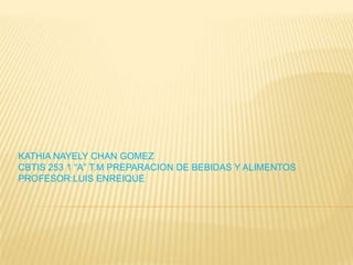 KATHIA NAYELY CHAN GOMEZ
CBTIS 253 1 “A” T.M PREPARACION DE BEBIDAS Y ALIMENTOS
PROFESOR:LUIS ENREIQUE
 