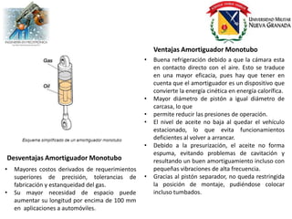 Ventajas Amortiguador Monotubo
                                                 •   Buena refrigeración debido a que la cámara esta
                                                     en contacto directo con el aire. Esto se traduce
                                                     en una mayor eficacia, pues hay que tener en
                                                     cuenta que el amortiguador es un dispositivo que
                                                     convierte la energía cinética en energía calorífica.
                                                 •   Mayor diámetro de pistón a igual diámetro de
                                                     carcasa, lo que
                                                 •   permite reducir las presiones de operación.
                                                 •   El nivel de aceite no baja al quedar el vehículo
                                                     estacionado, lo que evita funcionamientos
                                                     deficientes al volver a arrancar.
                                                 •   Debido a la presurización, el aceite no forma
                                                     espuma, evitando problemas de cavitación y
Desventajas Amortiguador Monotubo                    resultando un buen amortiguamiento incluso con
•   Mayores costos derivados de requerimientos       pequeñas vibraciones de alta frecuencia.
    superiores de precisión, tolerancias de      •   Gracias al pistón separador, no queda restringida
    fabricación y estanqueidad del gas.              la posición de montaje, pudiéndose colocar
•   Su mayor necesidad de espacio puede              incluso tumbados.
    aumentar su longitud por encima de 100 mm
    en aplicaciones a automóviles.
 