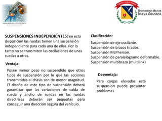 SUSPENSIONES INDEPENDIENTES: en esta              Clasificación:
disposición las ruedas tienen una suspensión      Suspensión de eje oscilante.
independiente para cada una de ellas. Por lo      Suspensión de brazos tirados.
tanto no se transmiten las oscilaciones de unas   Suspensión McPherson.
ruedas a otras.                                   Suspensión de paralelogramo deformable.
Ventaja:                                          Suspensión multibrazo (multilink)

 Posee menor peso no suspendido que otros
 tipos de suspensión por lo que las acciones          Desventaja:
 transmitidas al chasis son de menor magnitud.       Para cargas elevadas esta
 El diseño de este tipo de suspensión deberá         suspensión puede presentar
 garantizar que las variaciones de caída de          problemas
 rueda y ancho de ruedas en las ruedas
 directrices deberán ser pequeñas para
 conseguir una dirección segura del vehículo.
 