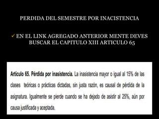 PERDIDA DEL SEMESTRE POR INACISTENCIA


 EN EL LINK AGREGADO ANTERIOR MENTE DEVES
      BUSCAR EL CAPITULO XIII ARTICULO 65
 