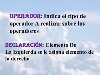 Operador: Indica el tipo de
 operador A realizar sobre los
 operadores

Declaración: Elemento De
La Izquierda se le asigna elemento de
la derecha
 