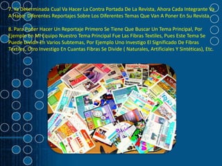 7. Ya Determinada Cual Va Hacer La Contra Portada De La Revista, Ahora Cada Integrante Va
A Hacer Diferentes Reportajes Sobre Los Diferentes Temas Que Van A Poner En Su Revista.

8. Para Poder Hacer Un Reportaje Primero Se Tiene Que Buscar Un Tema Principal, Por
Ejemplo En Mi Equipo Nuestro Tema Principal Fue Las Fibras Textiles, Pues Este Tema Se
Puede Dividir En Varios Subtemas, Por Ejemplo Uno Investigo El Significado De Fibras
Textiles, Otro Investigo En Cuantas Fibras Se Divide ( Naturales, Artificiales Y Sintéticas), Etc.
 