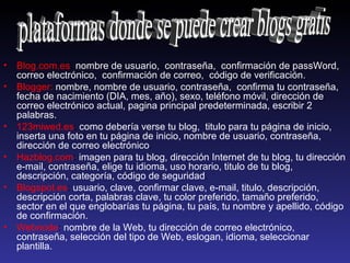 •   Blog.com.es: nombre de usuario, contraseña, confirmación de passWord,
    correo electrónico, confirmación de correo, código de verificación.
•   Blogger: nombre, nombre de usuario, contraseña, confirma tu contraseña,
    fecha de nacimiento (DIA, mes, año), sexo, teléfono móvil, dirección de
    correo electrónico actual, pagina principal predeterminada, escribir 2
    palabras.
•   123miwed.es: como debería verse tu blog, titulo para tu página de inicio,
    inserta una foto en tu página de inicio, nombre de usuario, contraseña,
    dirección de correo electrónico.
•   Hazblog.com: imagen para tu blog, dirección Internet de tu blog, tu dirección
    e-mail, contraseña, elige tu idioma, uso horario, titulo de tu blog,
    descripción, categoría, código de seguridad.
•   Blogspot.es: usuario, clave, confirmar clave, e-mail, titulo, descripción,
    descripción corta, palabras clave, tu color preferido, tamaño preferido,
    sector en el que englobarías tu página, tu país, tu nombre y apellido, código
    de confirmación.
•   Webnode: nombre de la Web, tu dirección de correo electrónico,
    contraseña, selección del tipo de Web, eslogan, idioma, seleccionar
    plantilla.
 