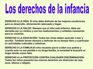 DERECHO A LA VIDA: El niño debe disfrutar de las mejores condiciones
para su desarrollo, alimentación adecuada y hogar.
DERECHO A LA SALUD: Siempre que el niño esté enfermo, debe ser
atendido por un médico y con los medicamentos y cuidados necesarios
para su curación.
DERECHO A LA EDUCACIÓN: Todos los niños deben aprender a leer y
escribir. También tienen derecho a disfrutar de su tiempo libre y a participar
en actividades culturales y artísticas.
DERECHO A LA FAMILIA:El niño necesita que le cuiden sus padres y
cuando esto no sea posible o no tenga familia, la sociedad le buscará un
hogar donde crecer feliz.
DERECHO A LA PROTECCIÓN CONTRA CUALQUIER DISCRIMINACIÓN:
Todos los niños poseerán los mismos derechos sin distinción de raza,
sexo, idioma o religión.
 