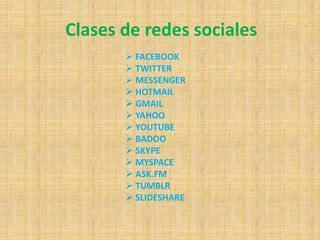 Clases de redes sociales
        FACEBOOK
        TWITTER
        MESSENGER
        HOTMAIL
        GMAIL
        YAHOO
        YOUTUBE
        BADOO
        SKYPE
        MYSPACE
        ASK.FM
        TUMBLR
        SLIDESHARE
 