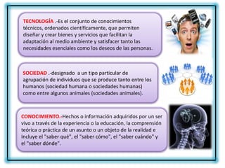 TECNOLOGÍA .-Es el conjunto de conocimientos
técnicos, ordenados científicamente, que permiten
diseñar y crear bienes y servicios que facilitan la
adaptación al medio ambiente y satisfacer tanto las
necesidades esenciales como los deseos de las personas.



SOCIEDAD .-designado a un tipo particular de
agrupación de individuos que se produce tanto entre los
humanos (sociedad humana o sociedades humanas)
como entre algunos animales (sociedades animales).



CONOCIMIENTO.-Hechos o información adquiridos por un ser
vivo a través de la experiencia o la educación, la comprensión
teórica o práctica de un asunto o un objeto de la realidad e
Incluye el "saber qué", el "saber cómo", el "saber cuándo" y
el "saber dónde".
 