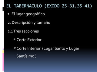 EL TABERNACULO (EXODO 25-31,35-41)
1. El lugar geográfico

2. Descripción y tamaño

2.1 Tres secciones

   * Corte Exterior

   * Corte Interior (Lugar Santo y Lugar
     Santísimo )
 
