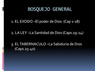 BOSQUEJO GENERAL

1. EL EXODO –El poder de Dios (Cap 1-18)

2. LA LEY –La Santidad de Dios (Caps.19-24)

3. EL TABERNACULO –La Sabiduria de Dios
   (Caps.25-40)
 