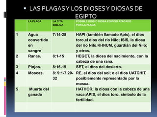  LAS PLAGAS Y LOS DIOSES Y DIOSAS DE
                             EGIPTO
     LA PLAGA     LA CITA    POSIBLE DIOS O DIOSA EGIPCIO ATACADO
                  BIBLICA    POR LA PLAGA


1    Agua         7:14-25    HAPI (también llamado Apis), el dios
     convertido              toro,el dios del río Nilo; ISIS, la diosa
     en                      del río Nilo.KHNUM, guardián del Nilo;
     sangre                  y otros.
2    Ranas.       8:1-15     HEGET, la diosa del nacimiento, con la
                             cabeza de una rana.
3    Piojos.      8:16-19    SET, el dios del desierto.
4    Moscas.    8: 9:1-7 20- RE, el dios del sol; o el dios UATCHIT,
                32           posiblemente representado por la
                             mosca.
5    Muerte del              HATHOR, la diosa con la cabeza de una
     ganado                  vaca;APIS, el dios toro, símbolo de la
                             fertilidad.
 