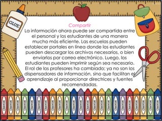 Compartir
La información ahora puede ser compartida entre
    el personal y los estudiantes de una manera
     mucho más eficiente. Las escuelas pueden
establecer portales en línea donde los estudiantes
pueden descargar los archivos necesarios, o bien
     enviarlos por correo electrónico. Luego, los
estudiantes pueden imprimir según sea necesario.
El rol de los profesores ha cambiado; ya no son los
dispensadores de información, sino que facilitan el
 aprendizaje al proporcionar directrices y fuentes
                   recomendadas.
 