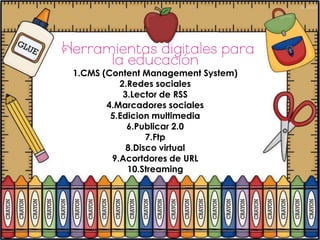 1.CMS (Content Management System)
          2.Redes sociales
           3.Lector de RSS
       4.Marcadores sociales
        5.Edicion multimedia
            6.Publicar 2.0
                 7.Ftp
            8.Disco virtual
        9.Acortdores de URL
            10.Streaming
 