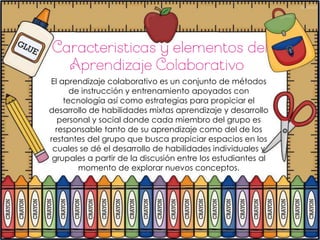 El aprendizaje colaborativo es un conjunto de métodos
      de instrucción y entrenamiento apoyados con
    tecnología así como estrategias para propiciar el
desarrollo de habilidades mixtas aprendizaje y desarrollo
   personal y social donde cada miembro del grupo es
  responsable tanto de su aprendizaje como del de los
restantes del grupo que busca propiciar espacios en los
 cuales se dé el desarrollo de habilidades individuales y
 grupales a partir de la discusión entre los estudiantes al
        momento de explorar nuevos conceptos.
 