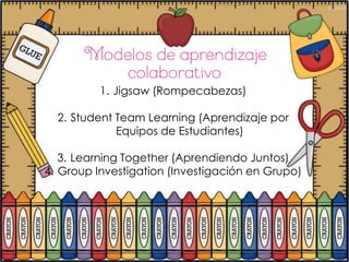 1. Jigsaw (Rompecabezas)

  2. Student Team Learning (Aprendizaje por
             Equipos de Estudiantes)

   3. Learning Together (Aprendiendo Juntos)
4. Group Investigation (Investigación en Grupo)
 