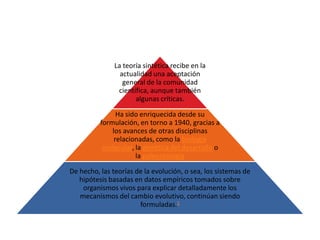 La teoría sintética recibe en la
                 actualidad una aceptación
                  general de la comunidad
                científica, aunque también
                      algunas críticas.

                Ha sido enriquecida desde su
          formulación, en torno a 1940, gracias a
              los avances de otras disciplinas
               relacionadas, como la biología
           molecular, la genética del desarrollo o
                      la paleontología

De hecho, las teorías de la evolución, o sea, los sistemas de
   hipótesis basadas en datos empíricos tomados sobre
    organismos vivos para explicar detalladamente los
   mecanismos del cambio evolutivo, continúan siendo
                       formuladas.1
 