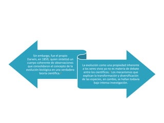 Sin embargo, fue el propio
 Darwin, en 1859,7quien sintetizó un
 cuerpo coherente de observaciones
 que consolidaron el concepto de la    La evolución como una propiedad inherente
evolución biológica en una verdadera   a los seres vivos ya no es materia de debate
          teoría científica.2           entre los científicos.2 Los mecanismos que
                                        explican la transformación y diversificación
                                       de las especies, en cambio, se hallan todavía
                                                bajo intensa investigación.
 