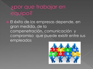  El éxito de las empresas depende, en
gran medida, de la
compenetración, comunicación y
compromiso que puede existir entre sus
empleados