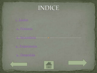 1._kinder

2._Primaria

3._Secundaria

4._Preparatoria

5._Despedida
 