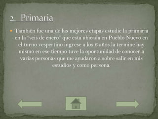  También fue una de las mejores etapas estudie la primaria
  en la “seis de enero” que esta ubicada en Pueblo Nuevo en
   el turno vespertino ingrese a los 6 años la termine hay
   mismo en ese tiempo tuve la oportunidad de conocer a
    varias personas que me ayudaron a sobre salir en mis
                   estudios y como persona.
 