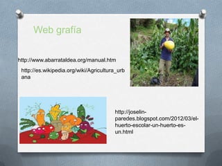 Web grafía

http://www.abarrataldea.org/manual.htm
 http://es.wikipedia.org/wiki/Agricultura_urb
 ana




                                        http://joselin-
                                        paredes.blogspot.com/2012/03/el-
                                        huerto-escolar-un-huerto-es-
                                        un.html
 