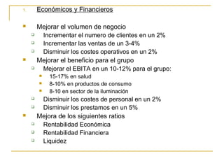 1. Económicos y Financieros
 Mejorar el volumen de negocio
 Incrementar el numero de clientes en un 2%
 Incrementar las ventas de un 3-4%
 Disminuir los costes operativos en un 2%
 Mejorar el beneficio para el grupo
 Mejorar el EBITA en un 10-12% para el grupo:
 15-17% en salud
 8-10% en productos de consumo
 8-10 en sector de la iluminación
 Disminuir los costes de personal en un 2%
 Disminuir los prestamos en un 5%
 Mejora de los siguientes ratios
 Rentabilidad Económica
 Rentabilidad Financiera
 Liquidez
 