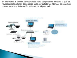 En informática el término servidor alude a una computadora remota a la que los
navegadores le solicitan datos desde otras computadoras. Además, los servidores
pueden almacenar información en forma de páginas web
 