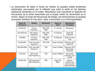  La transmisión de datos a través de medios no guiados añade problemas
adicionales, provocados por la reflexión que sufre la señal en los distintos
obstáculos existentes en el medio. Resultando más importante el espectro de
frecuencias de la señal transmitida que el propio medio de transmisión en sí
mismo. Según el rango de frecuencias de trabajo, las transmisiones no guiadas
se pueden clasificar en tres tipos: radio, microondas y luz (infrarrojos/láser).
 